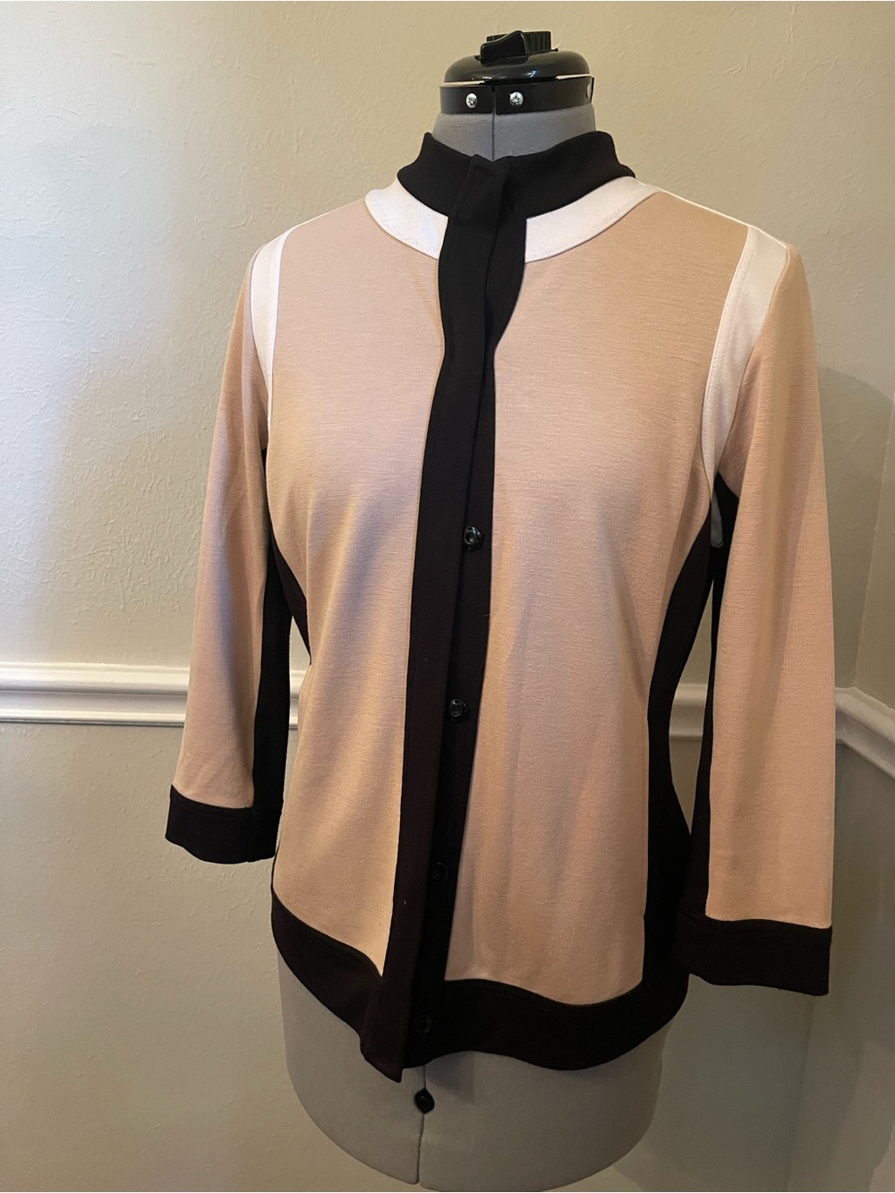 Boston Proper Black & Beige Tie-Neck Top